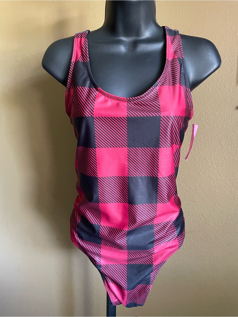 Women’s Shinesty Red and Black Buffalo Plaid One-Piece Swimsuit Size XXL